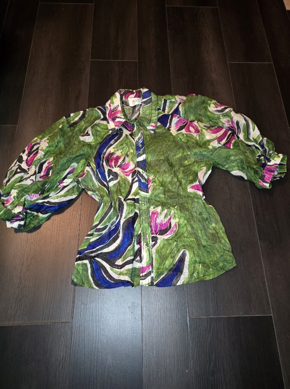 Aje Green Floral Button-Front Blouse with Pink and Blue Accents